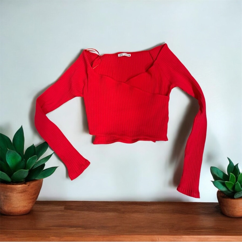 Zara | NWOT | Crossover Red Crop Top Long Sleeve V-Neck Wrap Around Waist